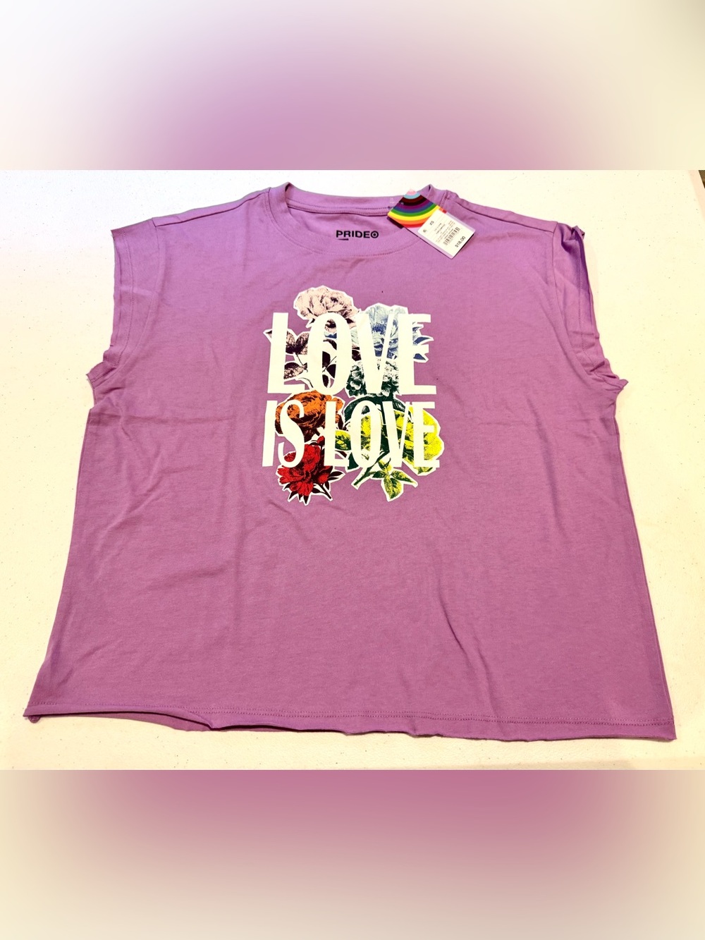 NWT PRIDE® Lavender 'LOVE IS LOVE' Floral Graphic Muscle Tee size XS